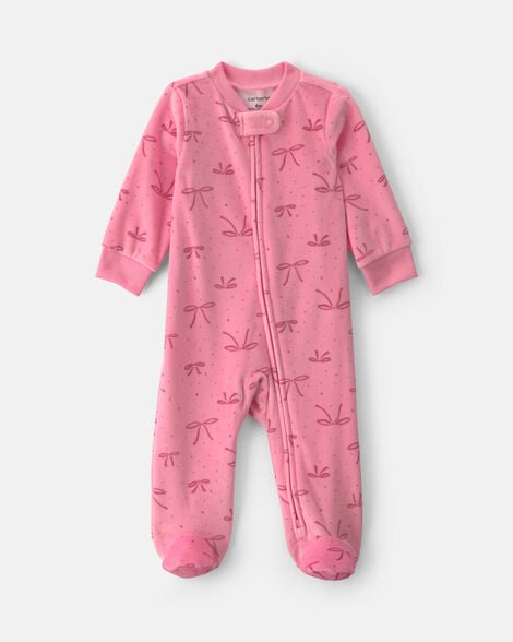 baby girl bow fleece 2-way zip dreamplush sleep & play pajamas - pink