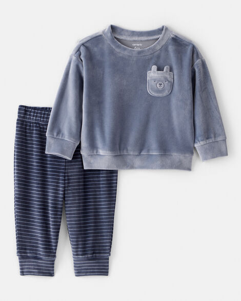 baby boy 2-piece bear velour sweatshirt & jogger set - blue
