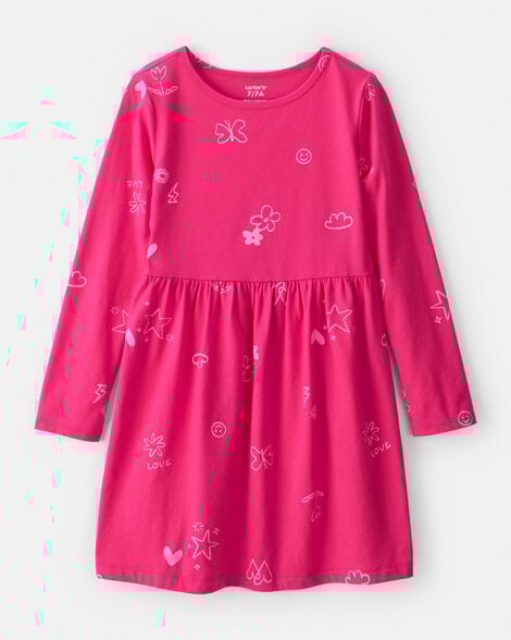 girls doodle print long-sleeve dress - pink