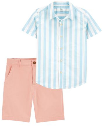 Kid 2-Piece Striped Button-Down Shirt & Pastel Stretch Chino Shorts Set