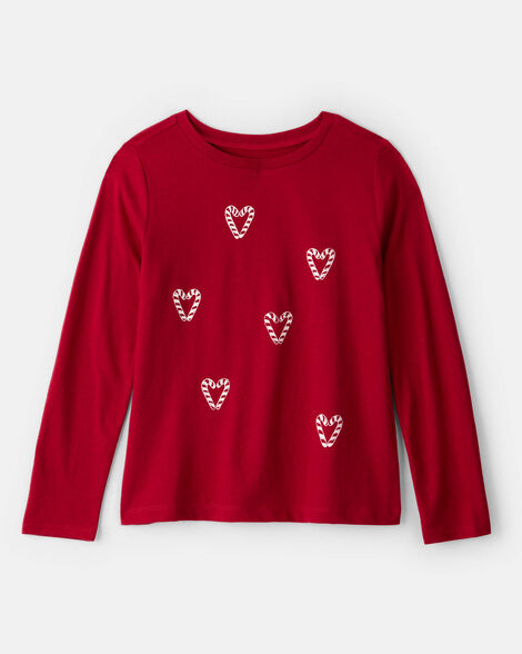 girls candy cane heart print long-sleeve graphic tee - red