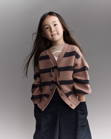 Toddler Girl Striped Puff-Sleeve Cardigan with Bows - Mocha Brown/Black