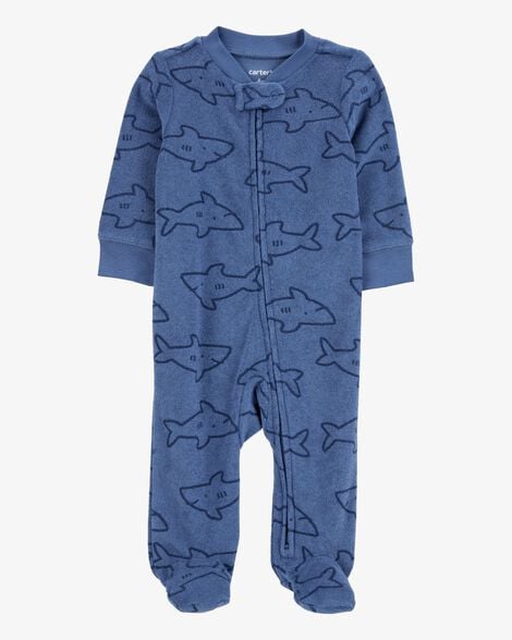 Product image 1 of Baby Shark Print 2-Way Zip Terry Sleep & Play Pajamas - Navy