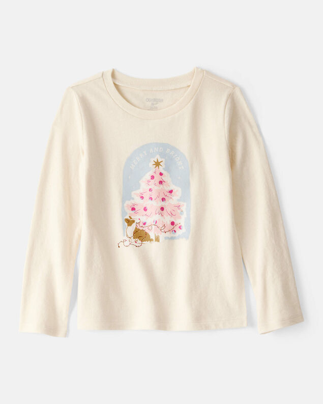 Product image 1 of Toddler Girl Christmas Merry & Bright Corgi Long-Sleeve Graphic Tee - Cream