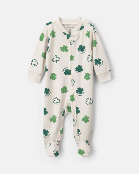 baby 2-way zip st patrick's day cotton sleep & play pajamas - cream/green