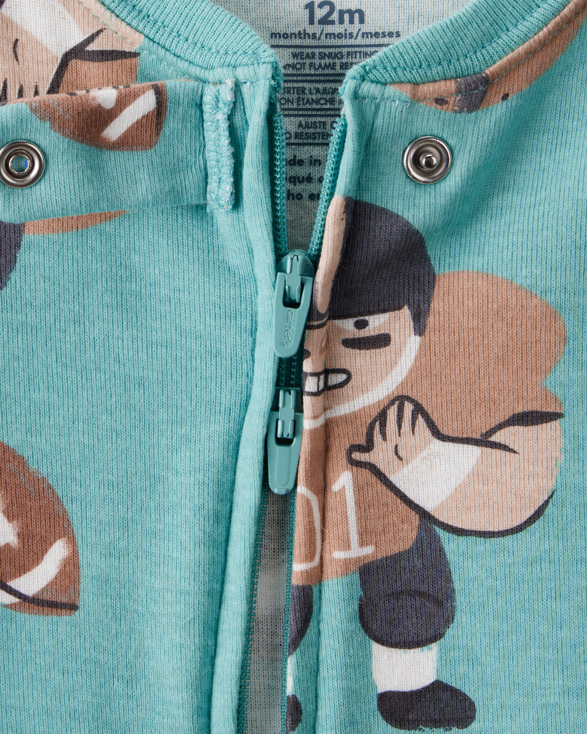 Baby Boy Football Print 100% Cotton Long-Sleeve 2-Way Zip 1-Piece Pajamas - Green