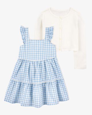 Product image 1 of Toddler 2-Piece Gingham Dress & Wave Trim Cardigan Sweater Set