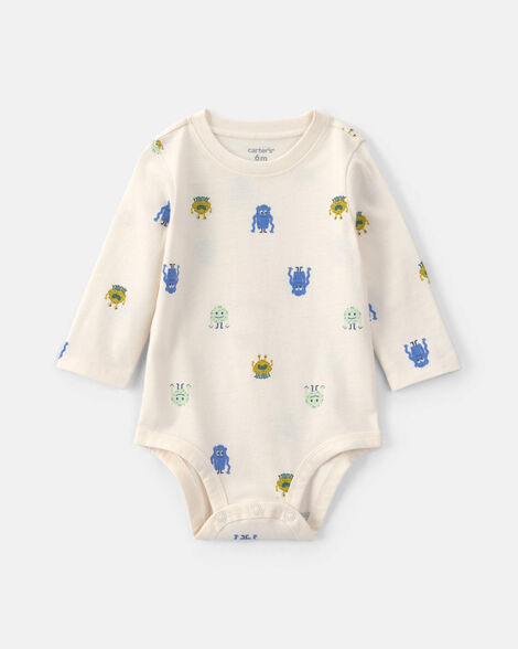 baby boy monster long-sleeve graphic bodysuit - cream