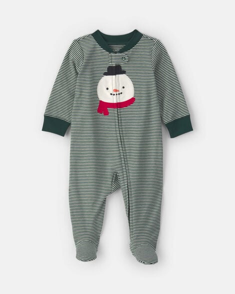 baby snowman 100% cotton 2-way zip sleep & play pajamas - green