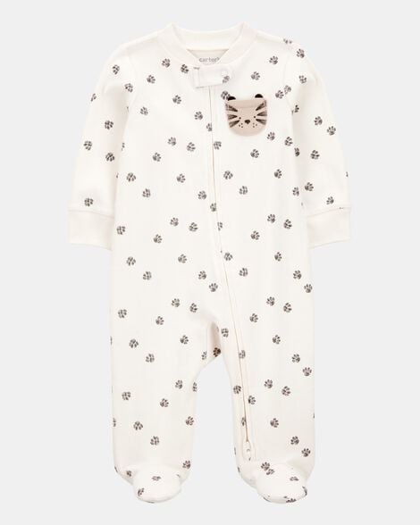 baby tiger print 2-way zip cotton sleep & play pajamas - ivory