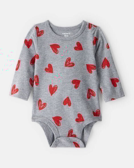 baby girl heart print long-sleeve graphic bodysuit - grey