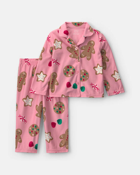 toddler girl 2-piece christmas gingerbread fleece loose fit pajama set - pink