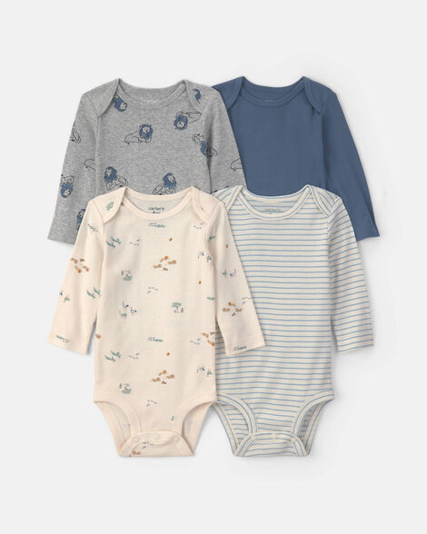 baby boy 4-pack safari long-sleeve bodysuits - blue/grey/ivory