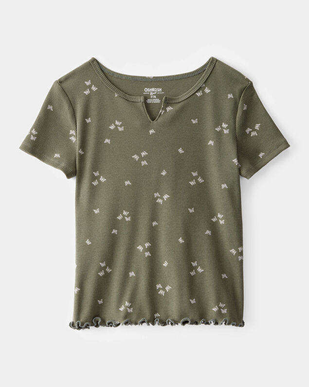 Product image 1 of Girls Butterfly Print Ribbed Short-Sleeve Shirt - Olive
