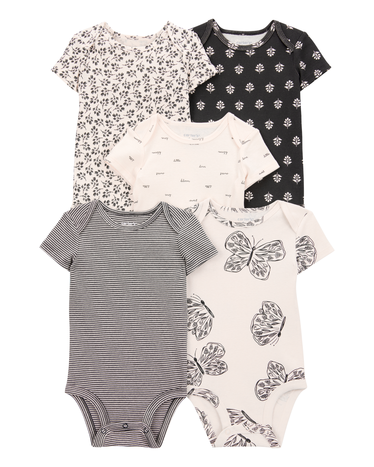 Baby Girl 5-Pack Striped Butterfly Short-Sleeve Cotton Bodysuits - Black/White