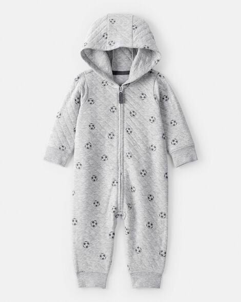 baby boy soccer quilted long-sleeve hooded jumpsuit - black