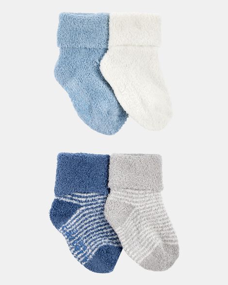 baby boy 4-pack chenille foldover cuff booties - blue/white