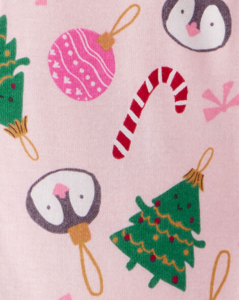 Product image 3 of Baby Girl Christmas Ornament Print 100% Cotton Long-Sleeve 2-Way Zip 1-Piece Pajamas - Pink