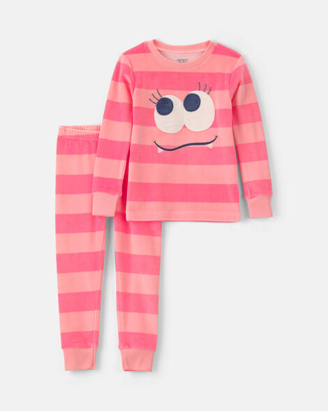 toddler girl 2-piece monster striped dreamplush snug fit pajama set - coral