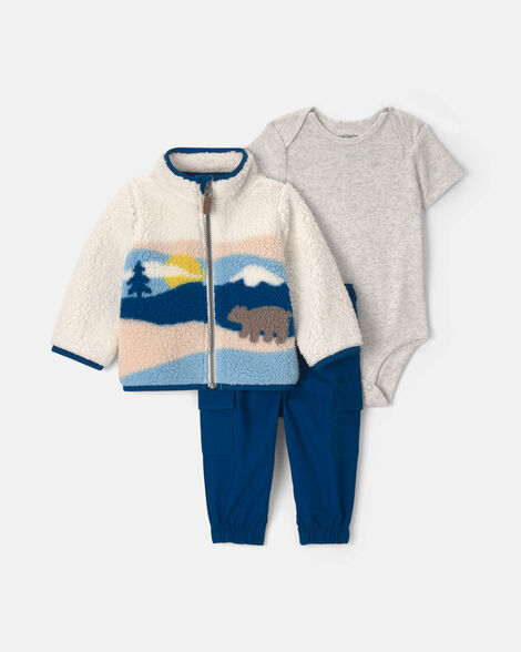 baby boy 3-piece bear scenic fleece layering set - grey/blue