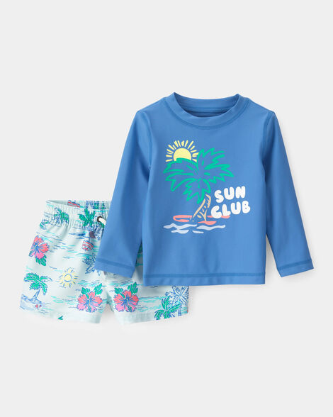 baby boy 2-piece tropical beach rashguard trunk set - blue