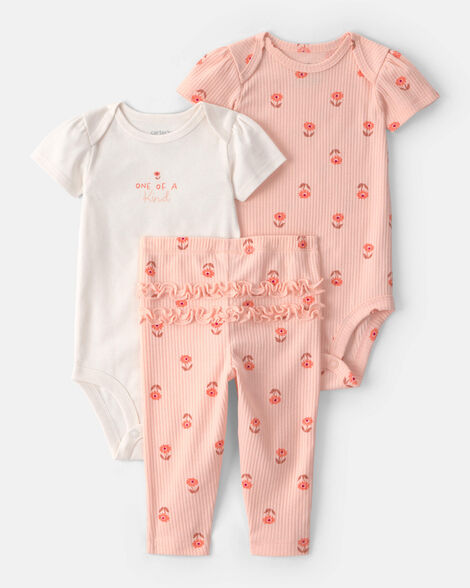 baby girl 3-piece floral bodysuits & pant set - pink