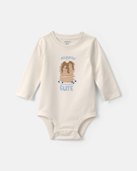 baby girl 'flippin' cute' pancake long-sleeve graphic bodysuit - cream