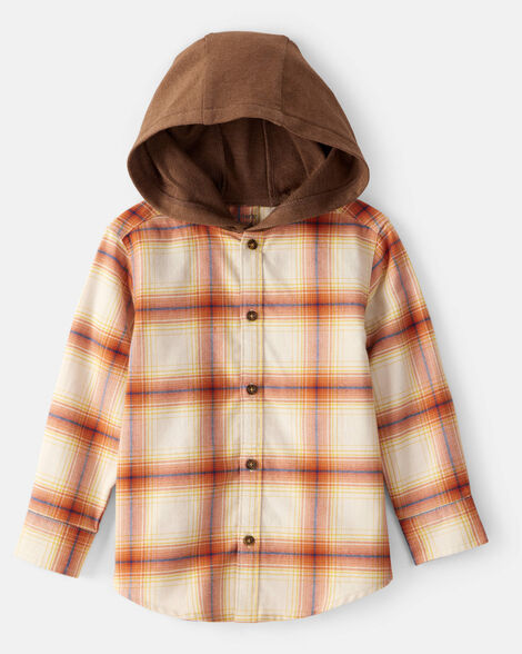 toddler boy plaid cotton long-sleeve hooded button-down shirt - orange