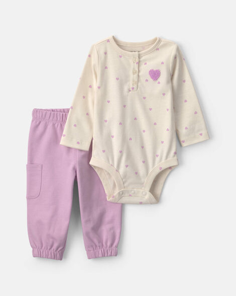 baby girl 2-piece heart long-sleeve bodysuit & pant set - purple/cream
