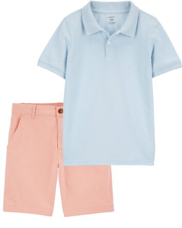 Kid 2-Piece Ribbed Collar Polo Shirt & Chino Shorts Set