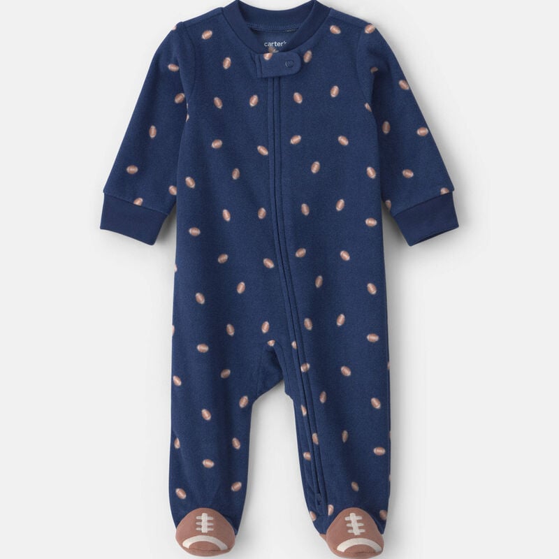 Baby Boy Football Fleece 2-Way Zip Sleep & Play Pajamas - Navy Blue