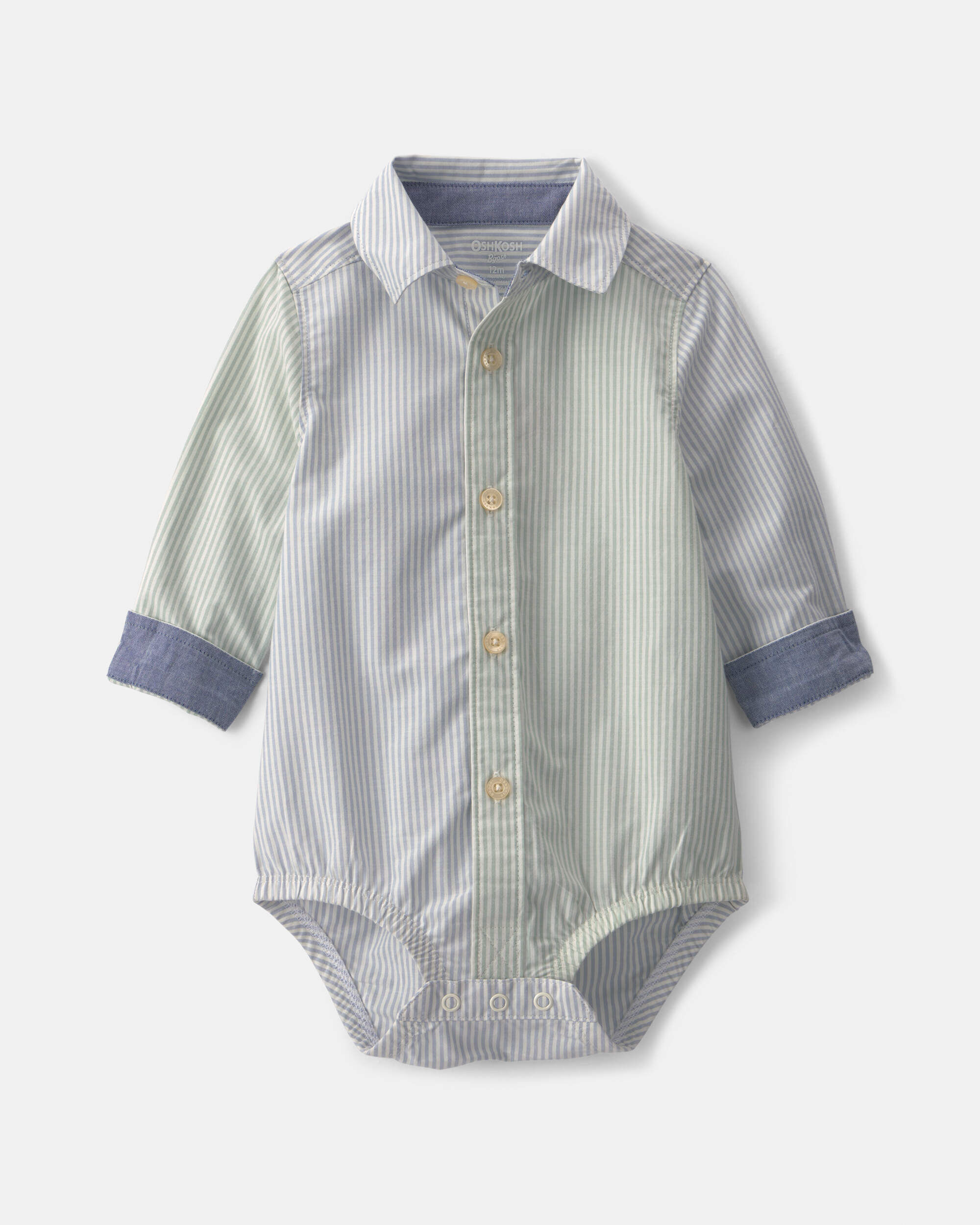 OshKosh Bgosh Baby Boy Poplin Long-Sleeve Button-Down Bodysuit 12M BlueGreen 32$
