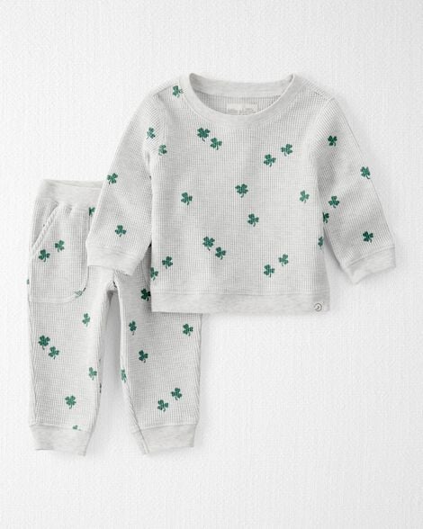 Baby 2-Piece Organic Cotton Thermal Knit Set in Lucky Clovers Print