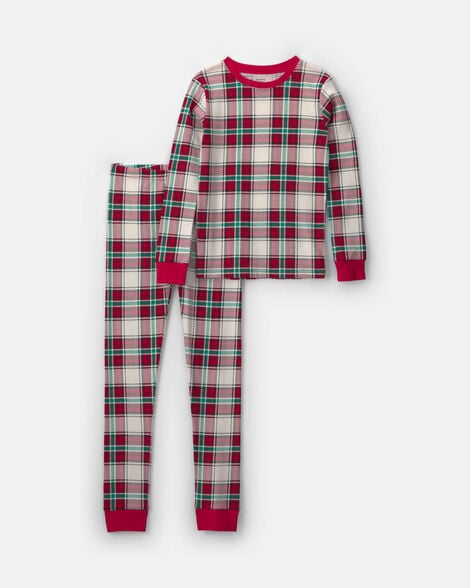 kids 2-piece christmas plaid 100% cotton snug fit pajama set - red/green