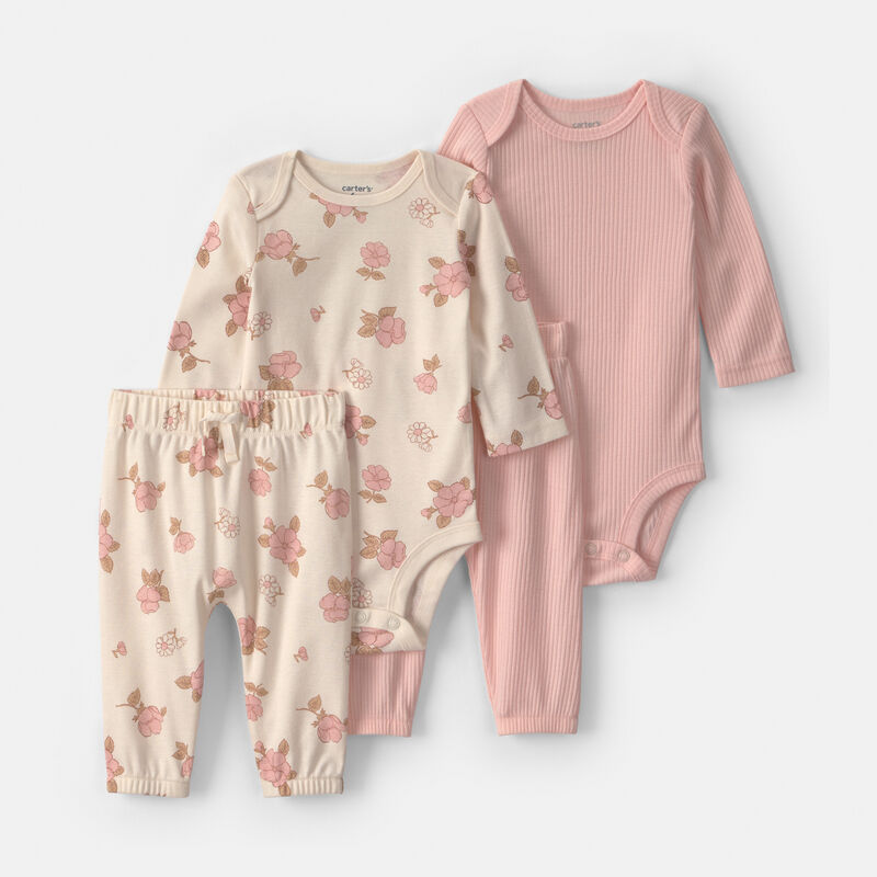 Baby Girl 4-Piece Floral Long-Sleeve Bodysuit & Pant Set - Pink/Ivory