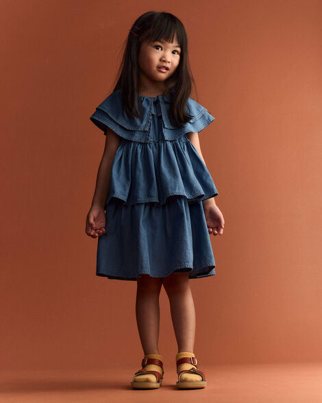 Toddler Girl Ruffle Tiered Dress in Chambray - Blue