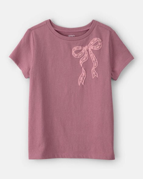 girls lace bow short-sleeve graphic tee - pink