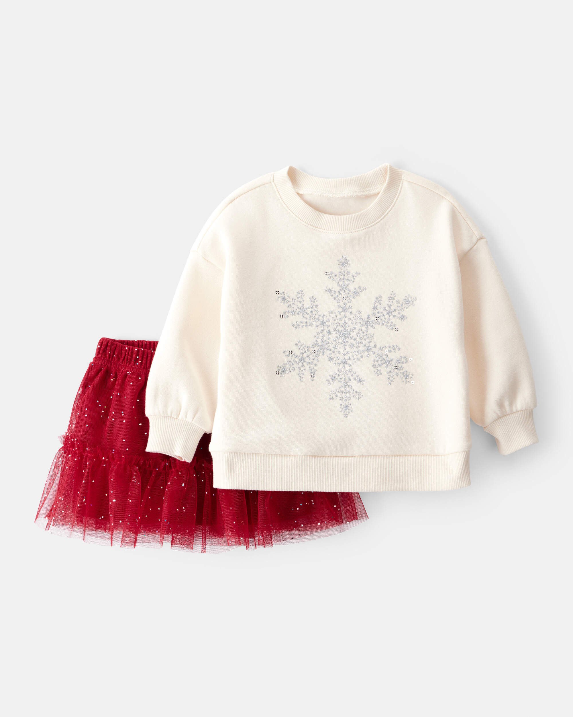 Baby Girl 2-Piece Snowflake Print Long-Sleeve Top & Skirt Set - Red/Cream