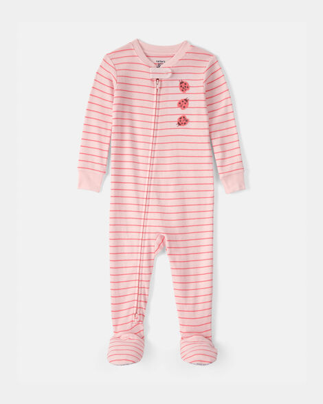 baby girl ladybug striped 100% cotton snug fit 1-piece pajama set - pink