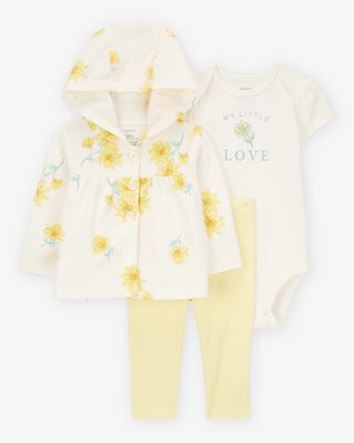 Product image 1 of Baby 3-Piece Floral Hooded Pant Set - Yellow/Ivory