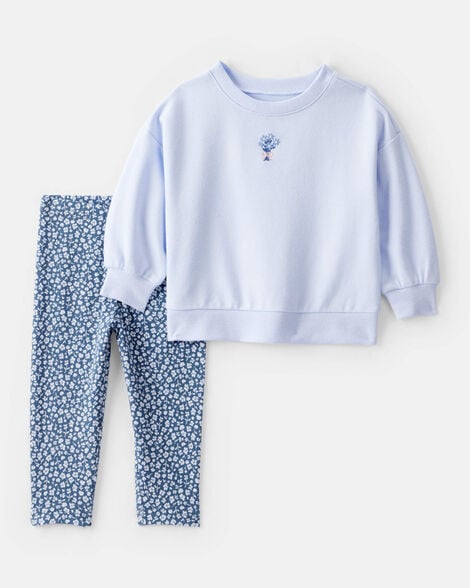 baby girl  2-piece floral french terry sweatshirt & pant set - blue
