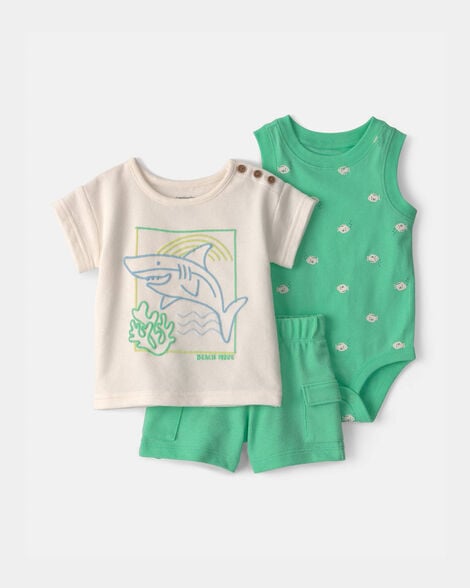 baby boy 3-piece shark top, bodysuit & short set - green/ivory