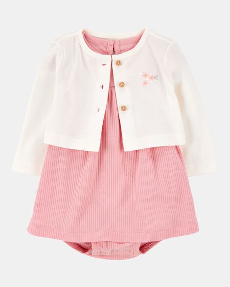 baby 2-piece bodysuit dress & cardigan set - pink/ivory