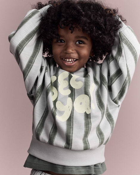 Toddler 'See Ya!' Striped Dolman-Sleeve Sweatshirt - Light Blue/Olive
