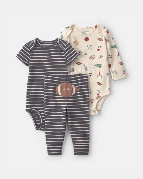 baby boy 3-piece football bodysuit & pant set - grey/ivory