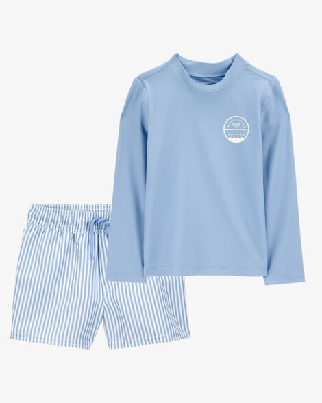  Product image 1 of Toddler 2-Piece Surfboard Long Sleeve Rashguard & Striped Swim Trunks Set - Blue
