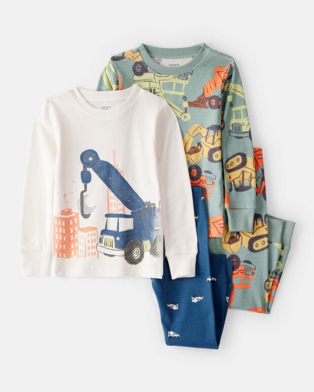 Product image 1 of Toddler Boy Construction Print 100% Cotton Long-Sleeve 4-Piece Pajamas - Blue/Navy/White