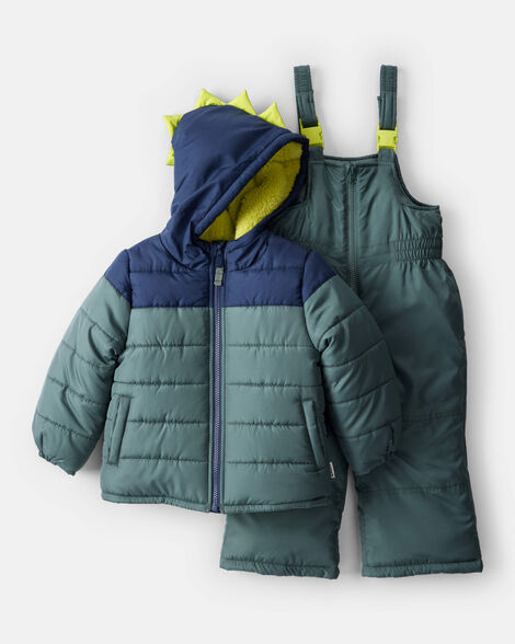 toddler boy 2-piece dinosaur hooded snowsuit jacket & bib set - green/blue