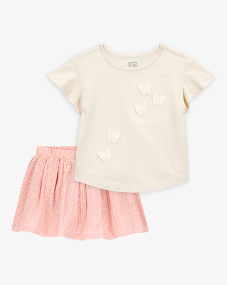  Product image 1 of Toddler 2-Piece Butterfly Short-Sleeve Top & Crochet Skort Set - Pink/Ivory
