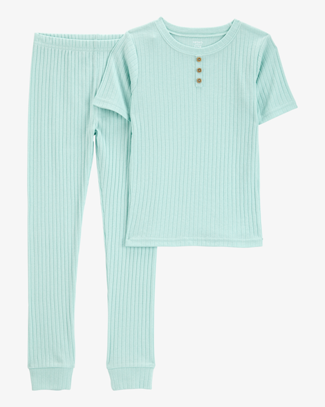 kid solid ribbed cotton blend 2-piece pajamas - teal